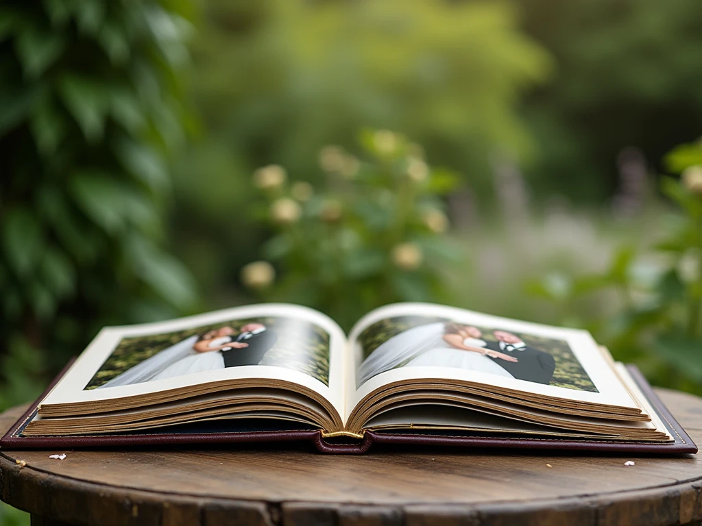 Open luxury photo album displaying wedding memories